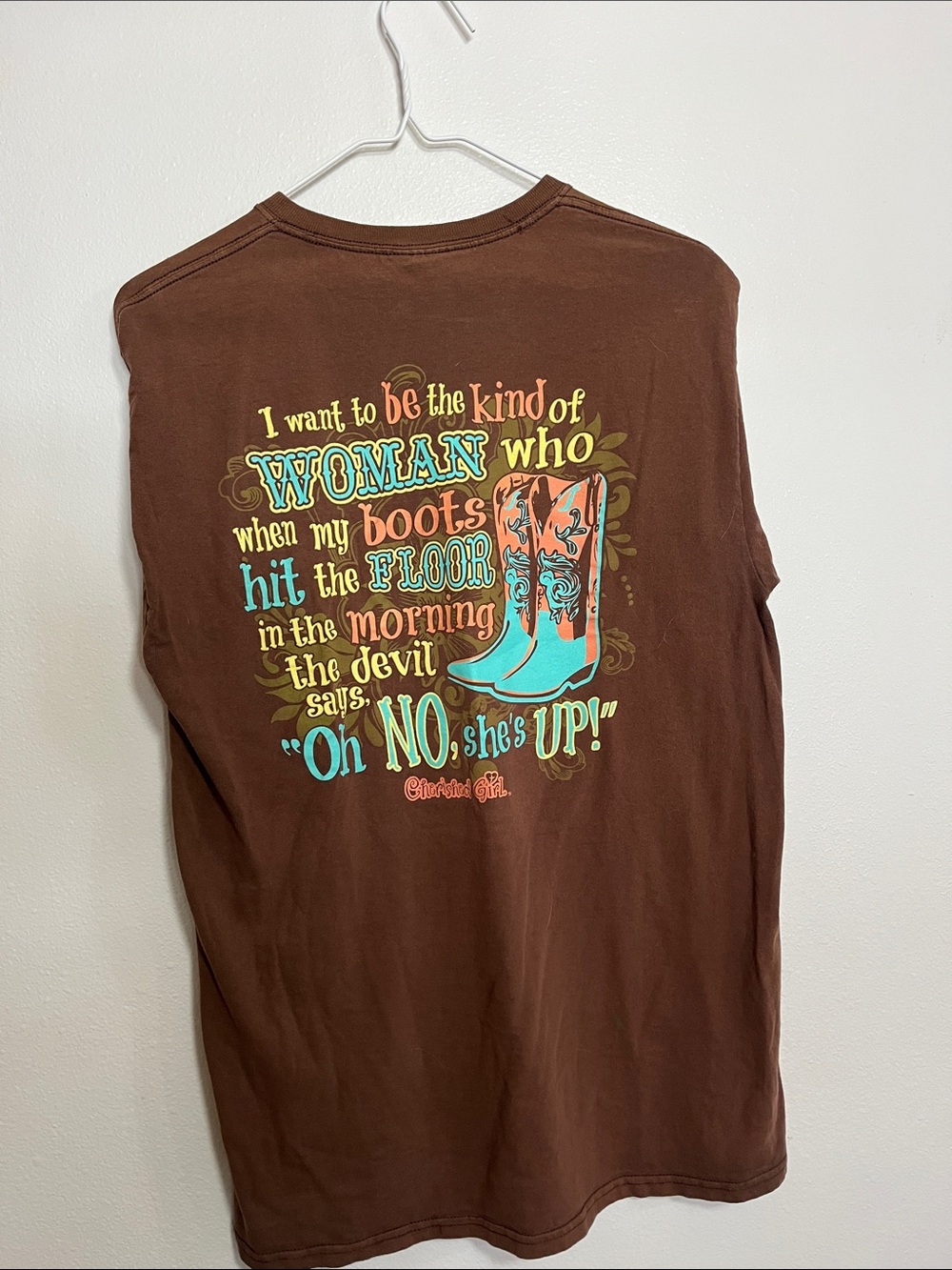 Chocolate Brown Graphic Tee with Turquoise & Orange Boots - Christian Girl